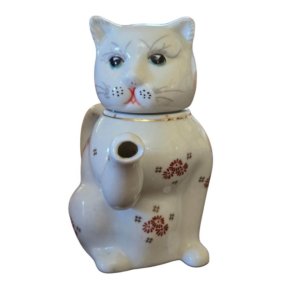 Vintage Porcelain Cat Teapot White with Red Floral Gold Accents Hand Painted